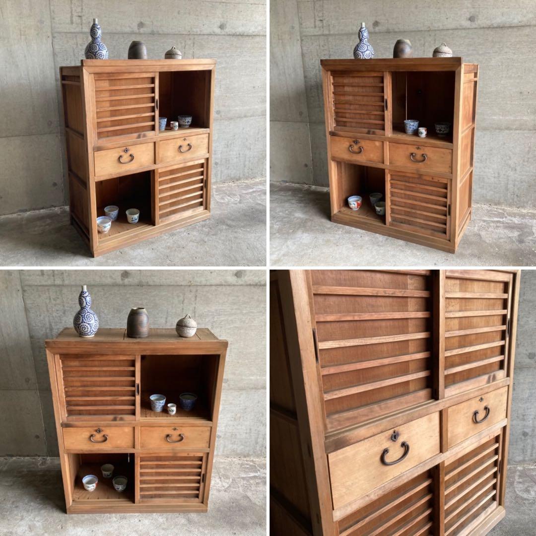 古い水屋箪笥 キャビネット 棚 台 引き戸 引き出し 木製 和風 家具 レトロ