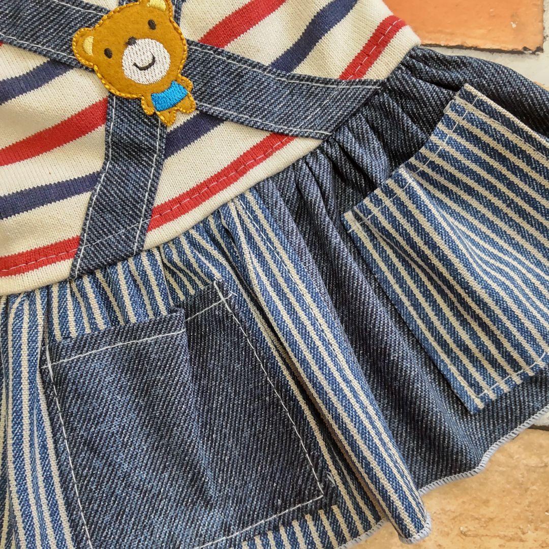 犬服 No.197 トリコロールボーダー×デニムワンピース ハンドメイド