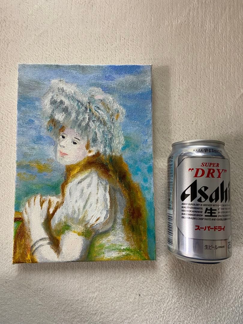 ルノワール　肉筆手描きの油絵模写画　白い帽子をかぶった少女