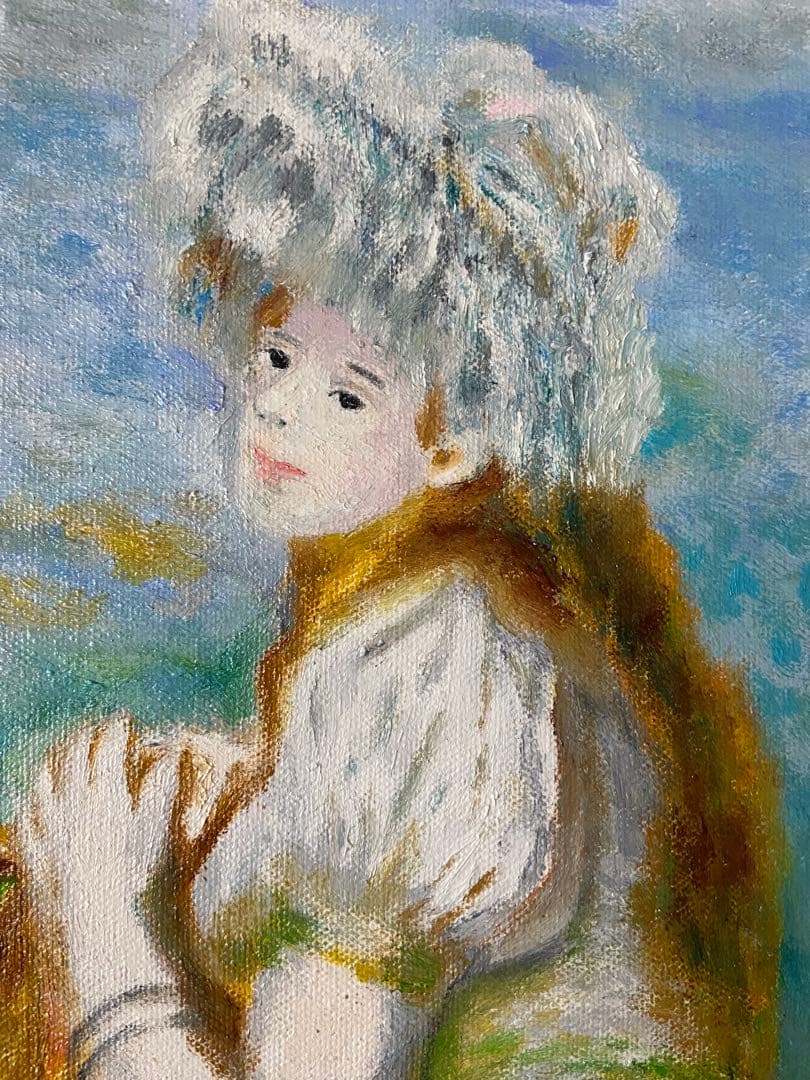 ルノワール　肉筆手描きの油絵模写画　白い帽子をかぶった少女