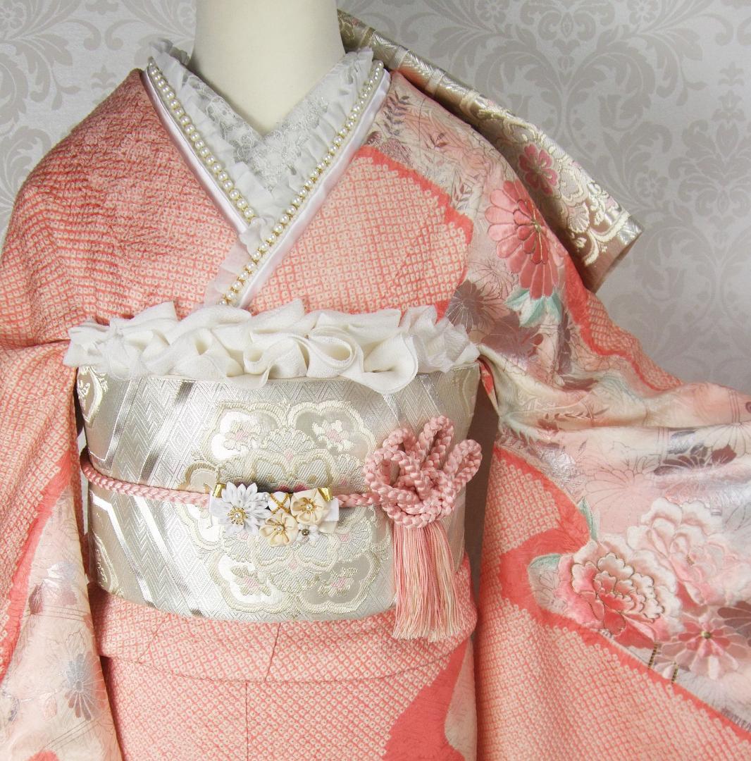 振袖フルセット　牡丹手刺繍と絞り染め　銀彩 やまと誂製　L7