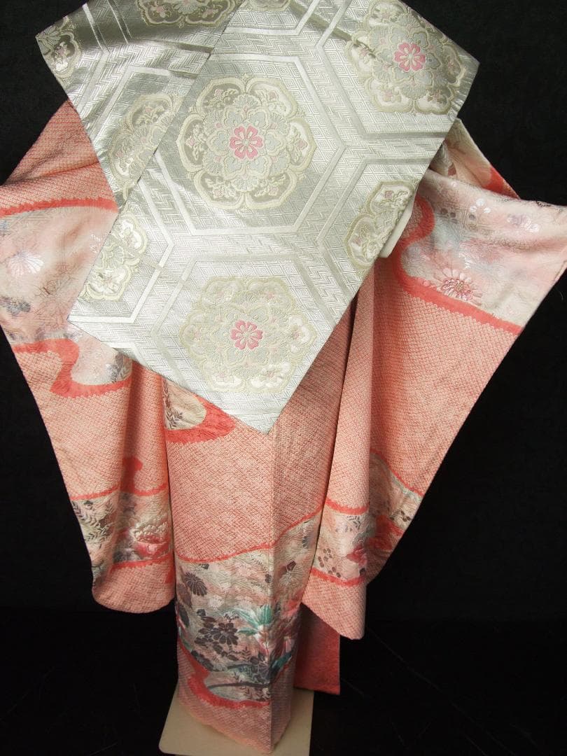 振袖フルセット　牡丹手刺繍と絞り染め　銀彩 やまと誂製　L7