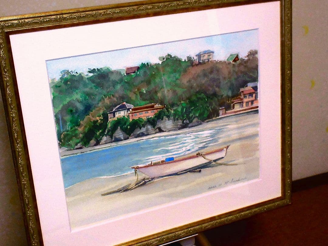 水彩画 海辺のボート 2020年作 額縁付き F6サイズ