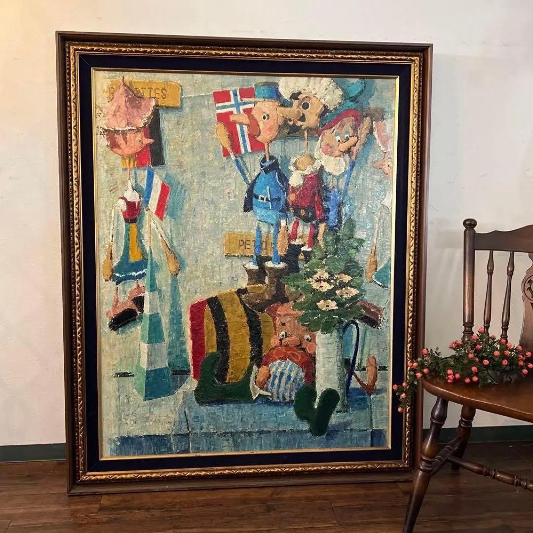 k002r114 額装油彩画 栗家功「人形の窓」50号F型 大型 額縁 ピノキオ