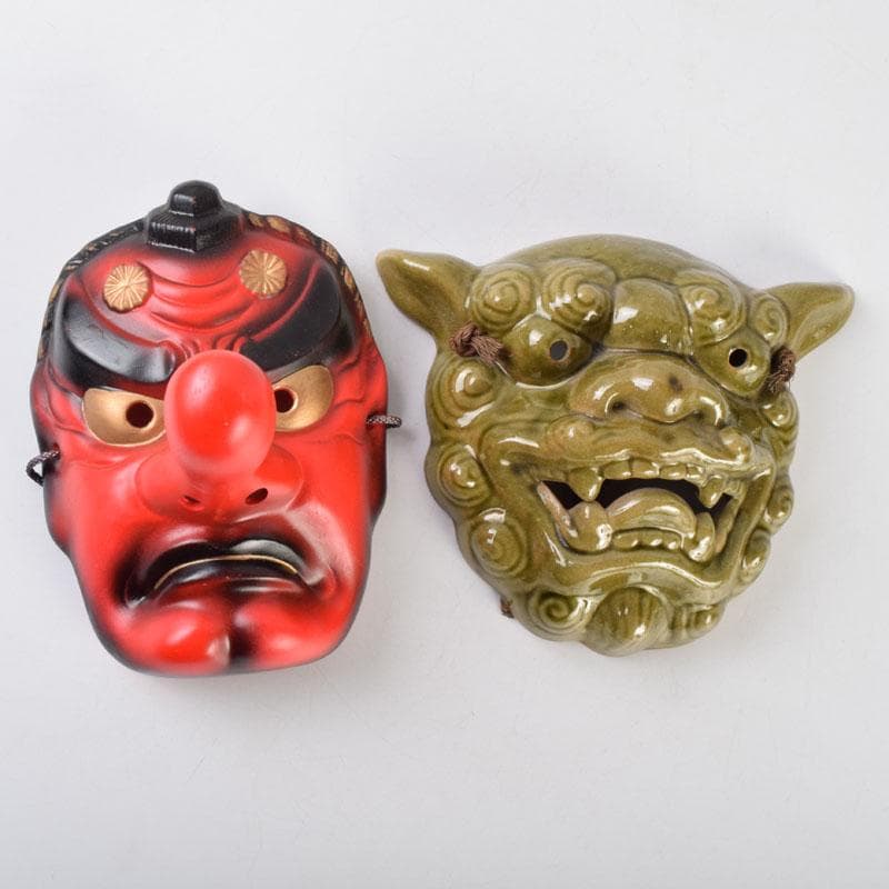 能面　能楽　雅楽　陶器製　獅子　天狗　お面　2点まとめて　N　9081A