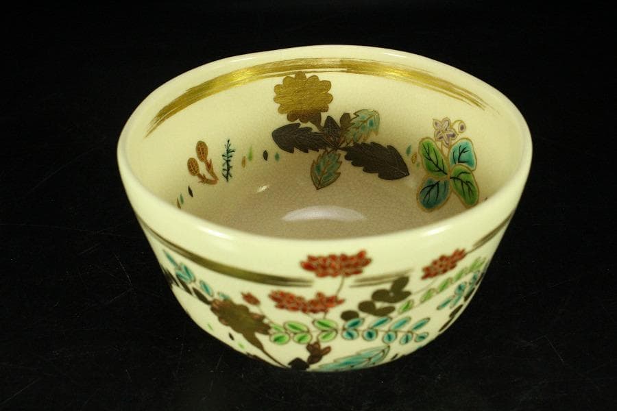 茶道具 清水焼 色絵春草茶碗 共箱 美品(K-A667)