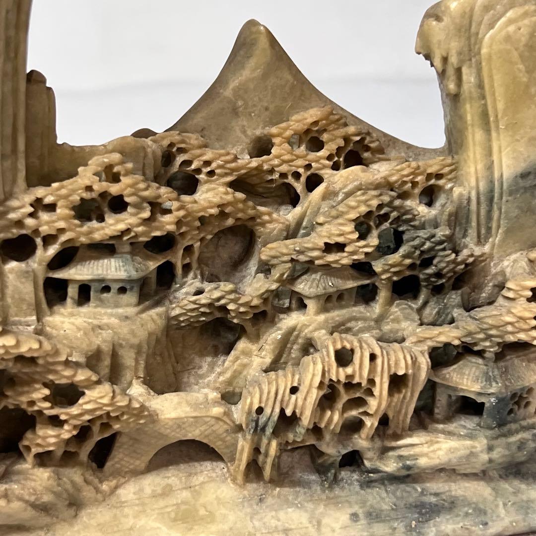 中国 寿山石楼閣山水雕 床飾 置物 彫刻