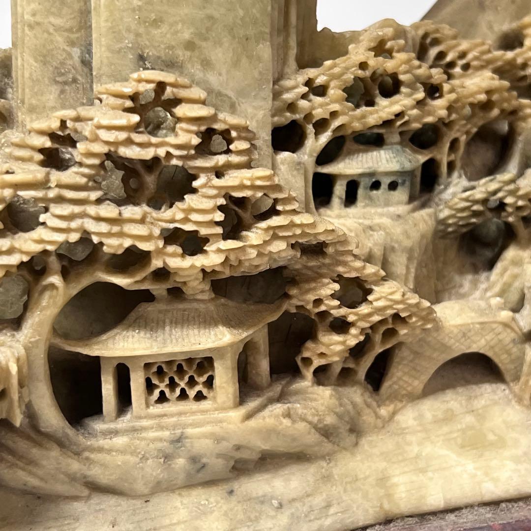 中国 寿山石楼閣山水雕 床飾 置物 彫刻