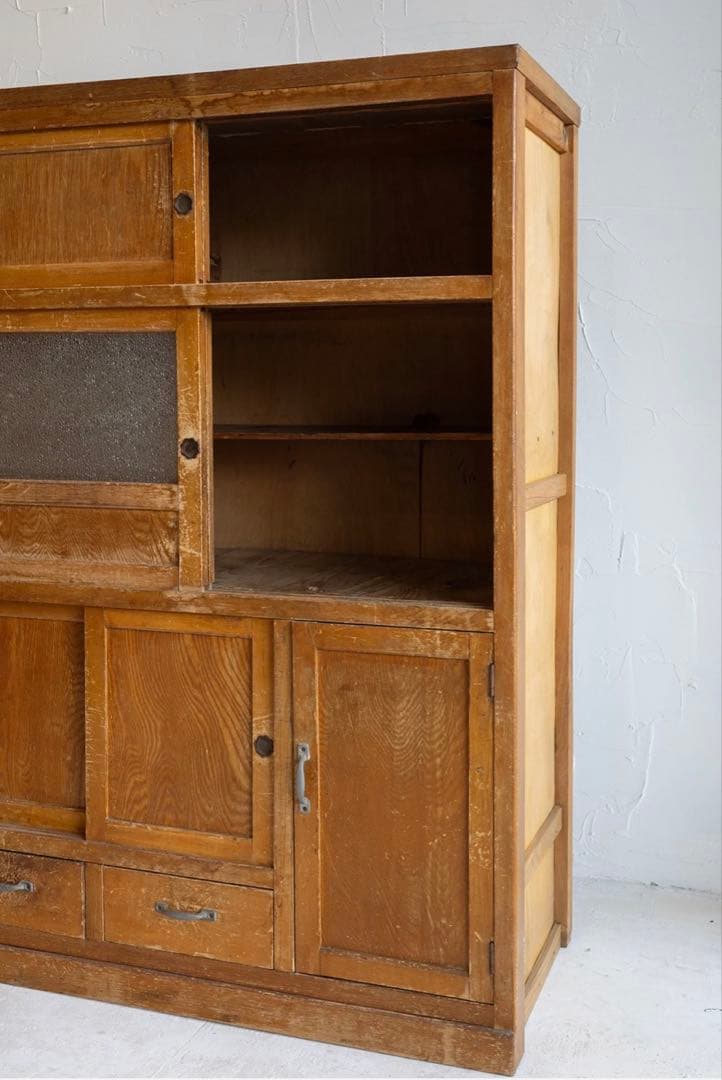 昭和レトロ 茶箪笥 ガラス戸 引き戸 食器棚 収納棚