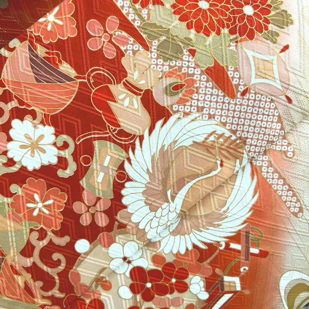 418 振袖フルセット 正絹 紺 ネイビー 朱赤 金彩 駒刺繍 暈し染め