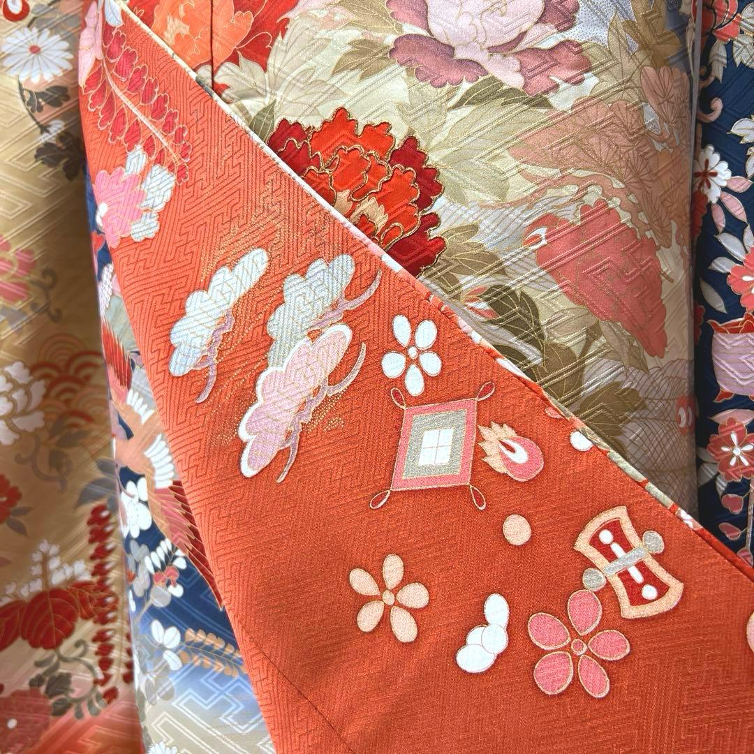 418 振袖フルセット 正絹 紺 ネイビー 朱赤 金彩 駒刺繍 暈し染め