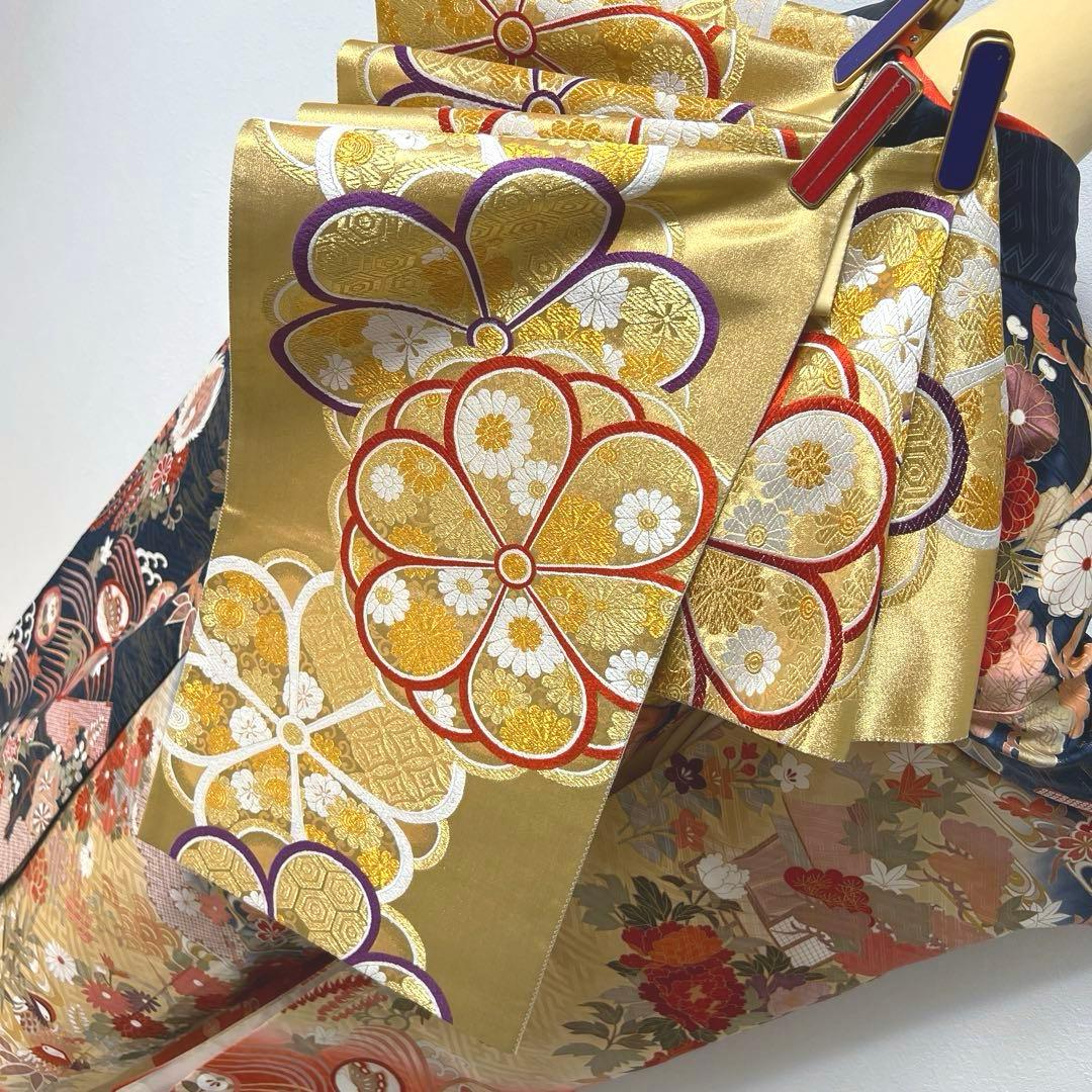 418 振袖フルセット 正絹 紺 ネイビー 朱赤 金彩 駒刺繍 暈し染め