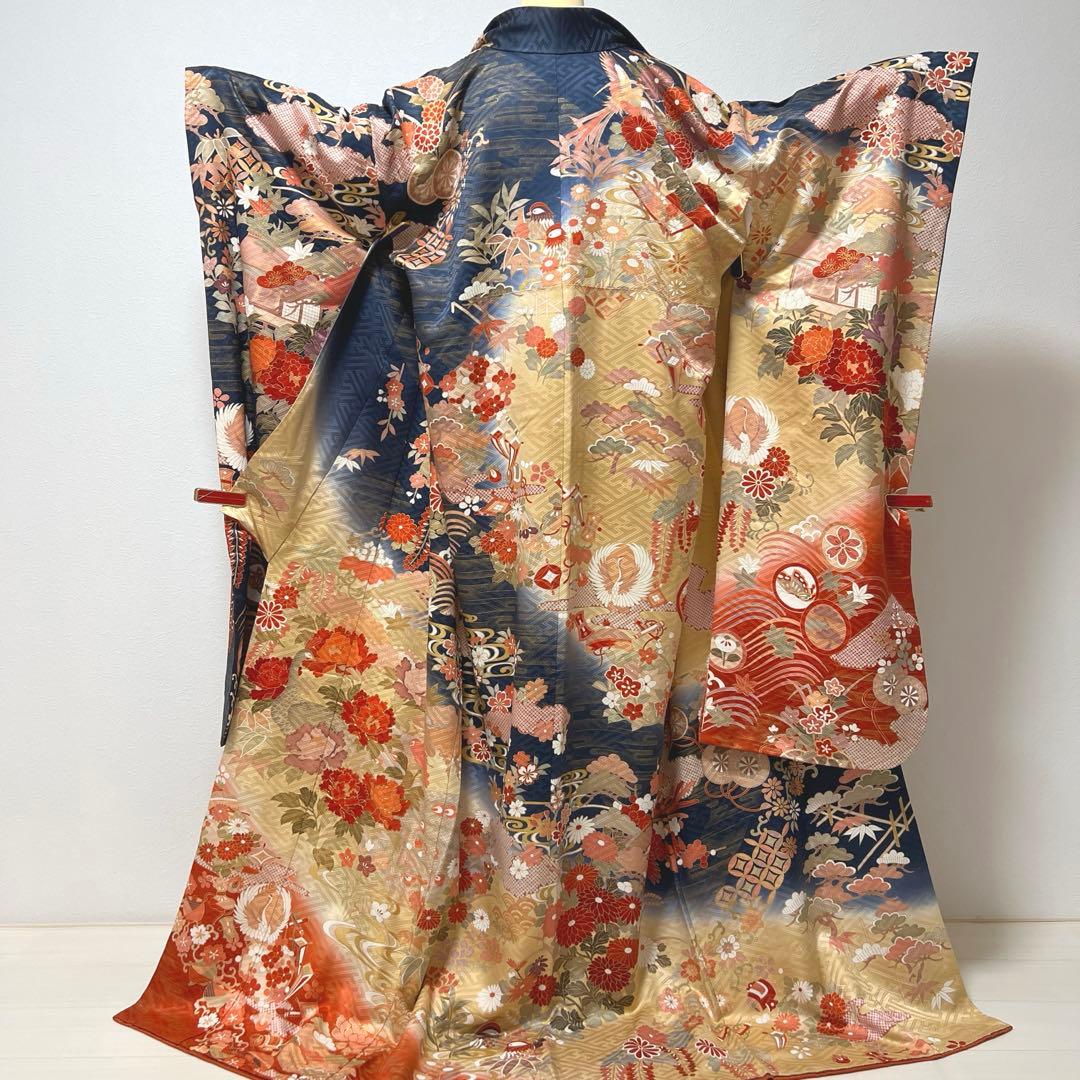 418 振袖フルセット 正絹 紺 ネイビー 朱赤 金彩 駒刺繍 暈し染め