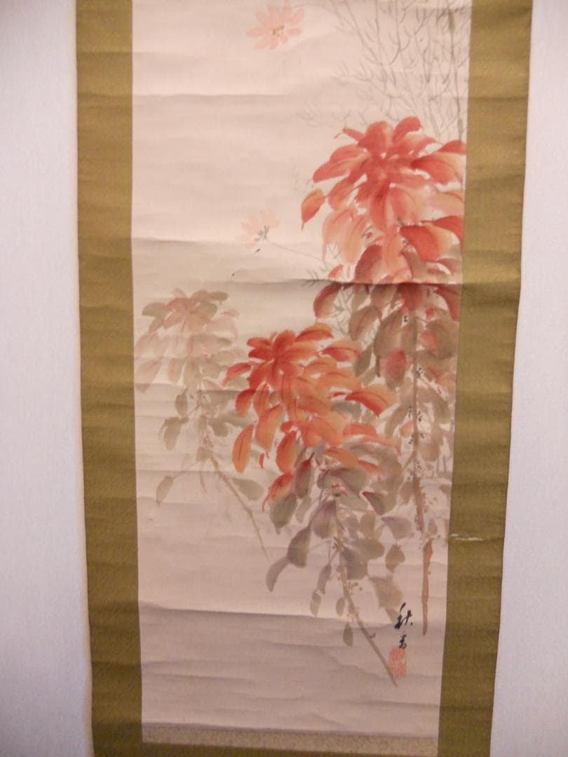 掛け軸 秋香 コスモス 葉鶏頭 紙本 希少 軸装 茶道具 掛軸 です。