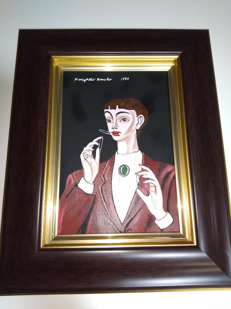 金子國義、絵画、油彩、SM号、ピンオを噛む女、新品額縁、肉筆、鴨居玲、宮永岳彦。