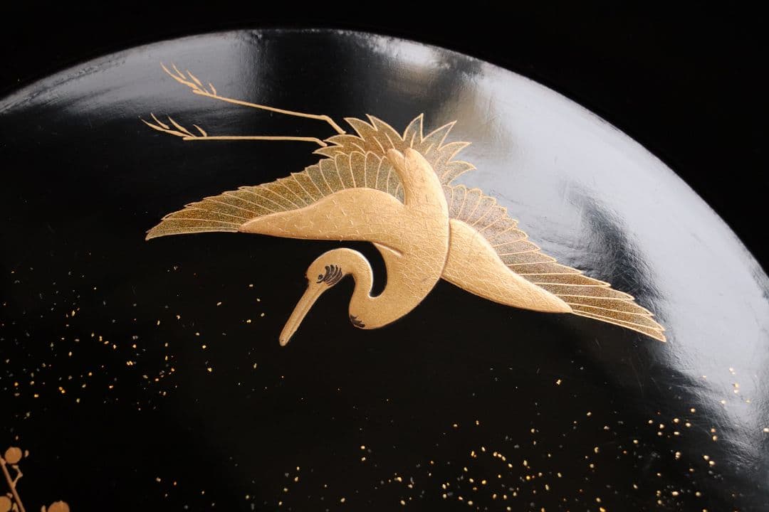 MA220 時代漆器 松竹梅鶴金蒔絵 縁唐草 黒塗 大徳寺盆 五客 菓子盆 木皿