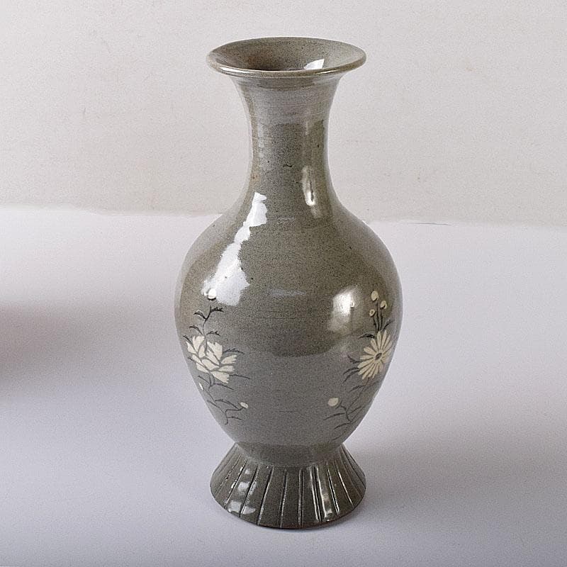 韓国美術　高麗窯　韓萬亀作　高麗青磁象嵌瓶　共箱　C　7557