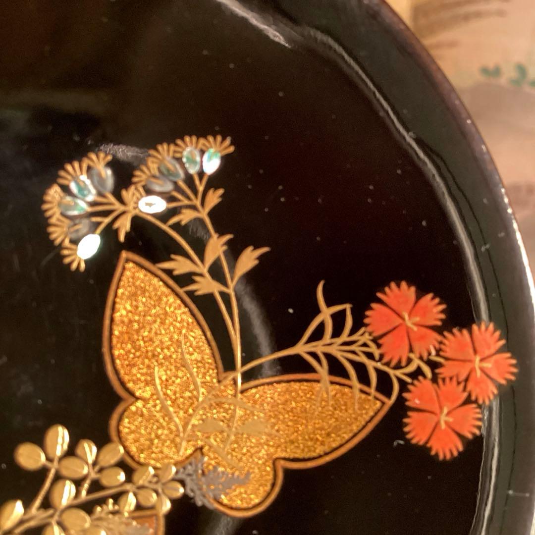 Ａ1019木製輪島塗椀　懐石道具　黒塗　秋草蒔絵　箸洗　小吸い物　　5客