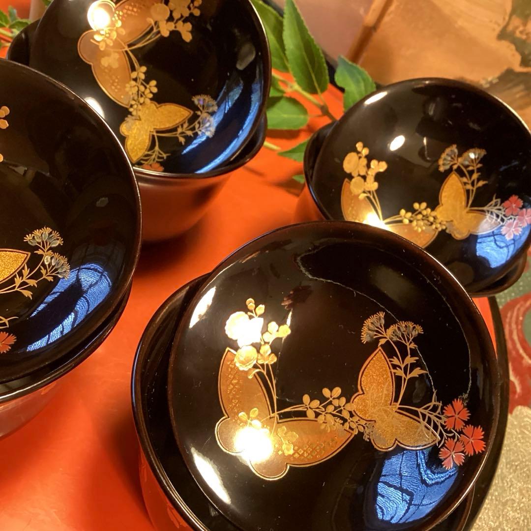 Ａ1019木製輪島塗椀　懐石道具　黒塗　秋草蒔絵　箸洗　小吸い物　　5客