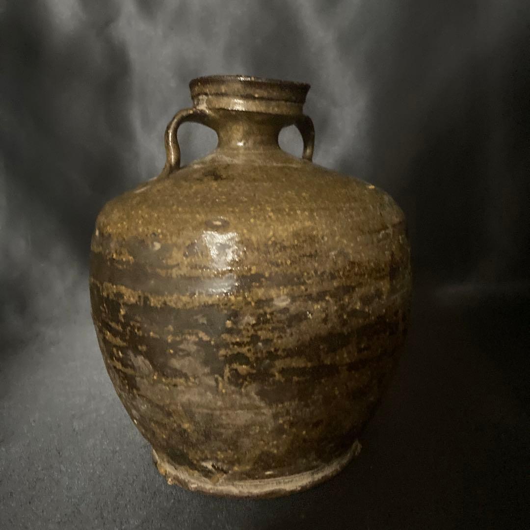 《赤字万博❗️》【三益】中国古美術　建窯藁灰釉双耳付壺（宋時代）【本物保証】