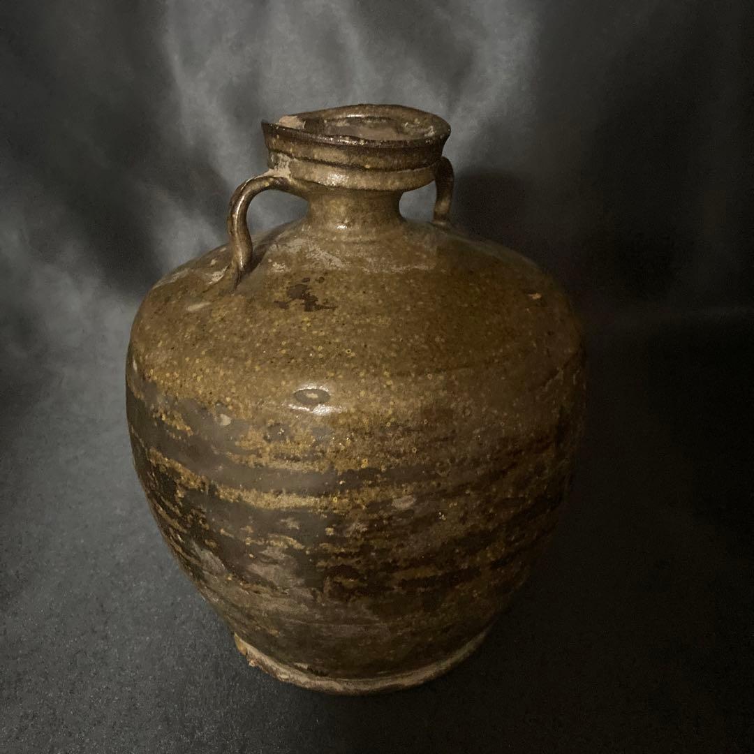 《赤字万博❗️》【三益】中国古美術　建窯藁灰釉双耳付壺（宋時代）【本物保証】