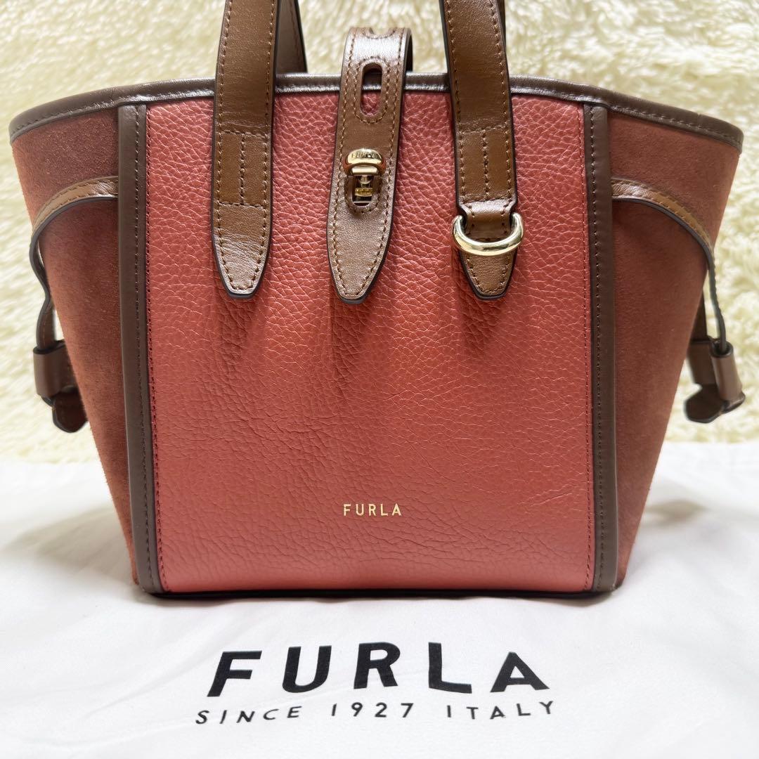 フルラ NET ミニ ショルダーバッグ シボ革 ターンロック ボルドー スエード