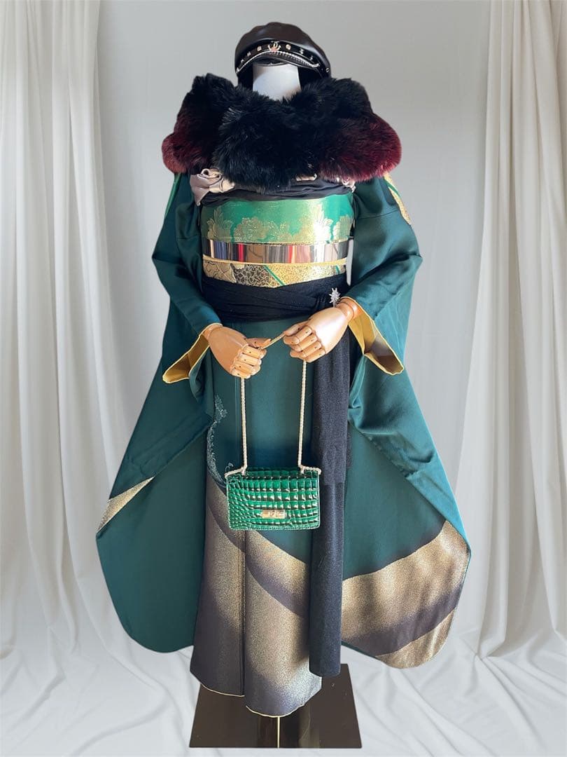 振袖 フルセット 山本寛斎 グリーン 全通帯 リバーシブル