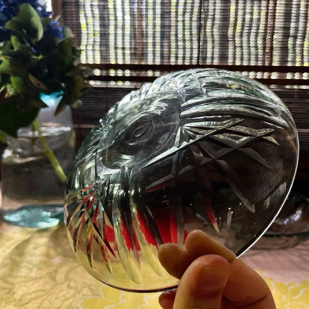 骨董　時代ガラス　希少　カーキ色　シンプルカット　平鉢　中鉢　２客　ウラン