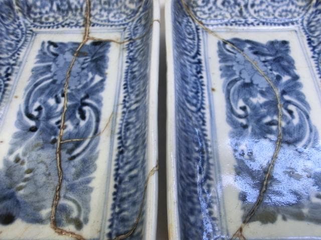 皿■伊万里染付蛸唐草牡丹紋長皿 富責長春 直し有り2客 時代物 骨董(江戸期)■