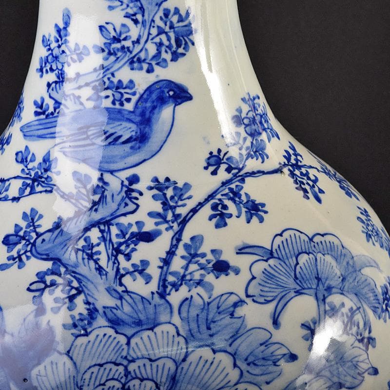 瀬戸焼　古瀬戸　染付　牡丹文　花口大瓶　唐木台・時代箱付　G　R8765B