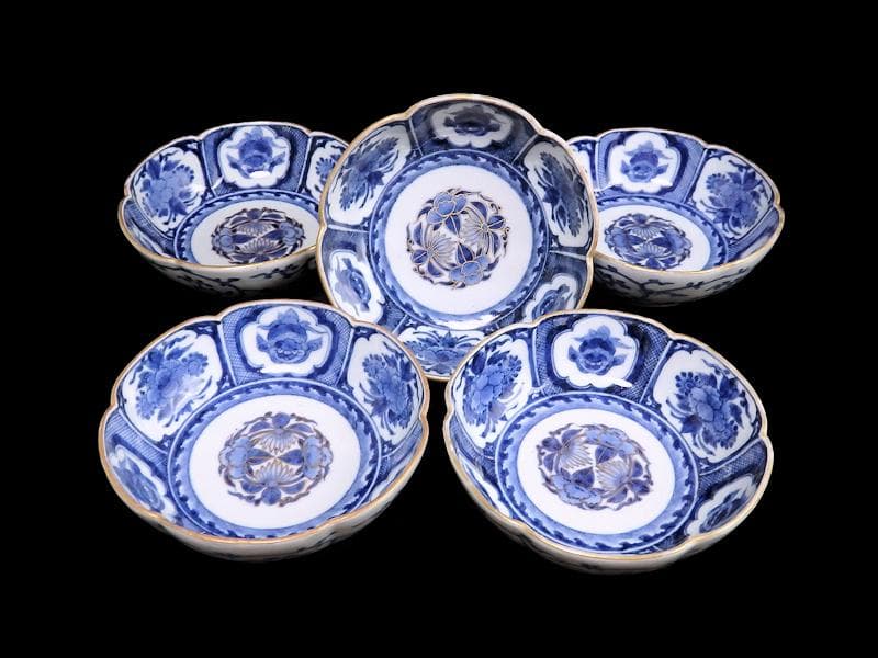 古伊万里　染付　花に獅子の図　膾皿 ５客　江戸期　B073AS-CKj