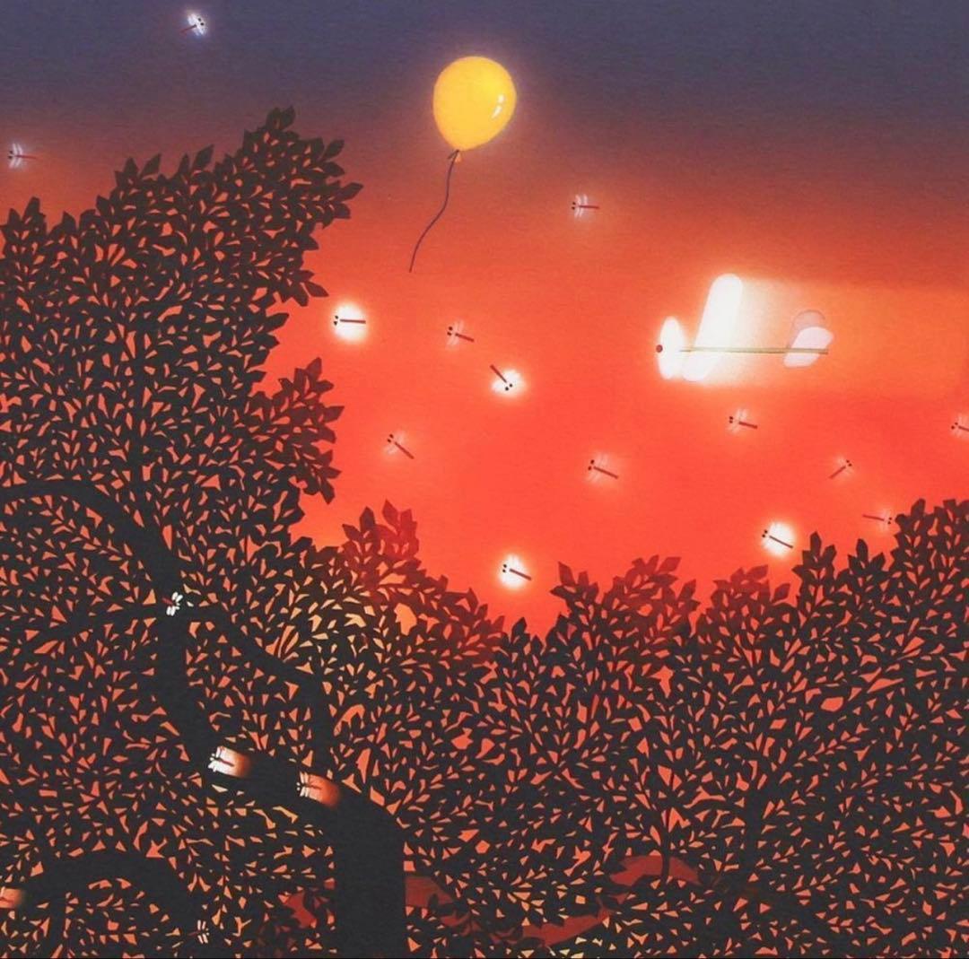 【真作】藤城清治「夕日の樹」リトグラフ 約6号 証明書付 証明シール