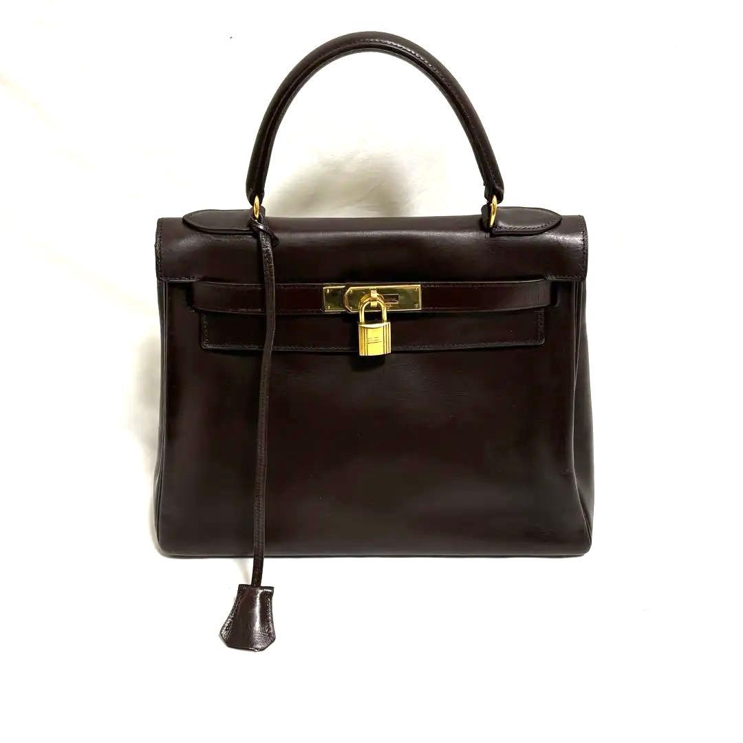 エルメス ケリー28 ルトゥルネ ボックスカーフ ブラウン レザー ハンドバッグ
