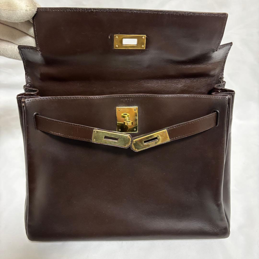 エルメス ケリー28 ルトゥルネ ボックスカーフ ブラウン レザー ハンドバッグ