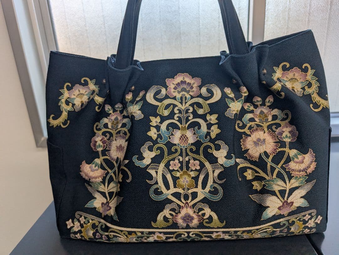 刺繍黒和装用バッグ 大きめ