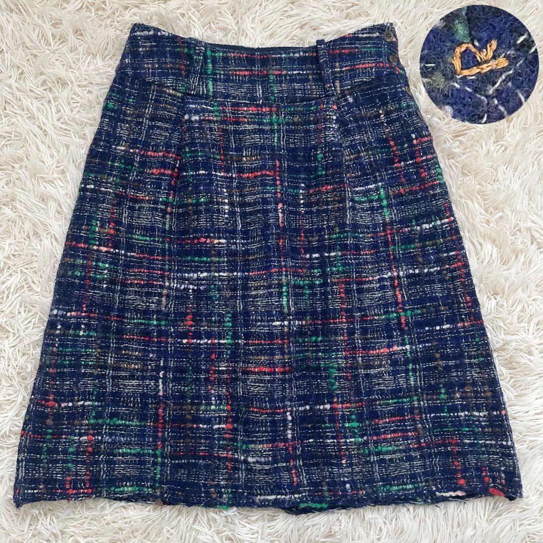 45R ミックスツイードスカート ロゴ刺繍 ウール ネイビー M 日本製