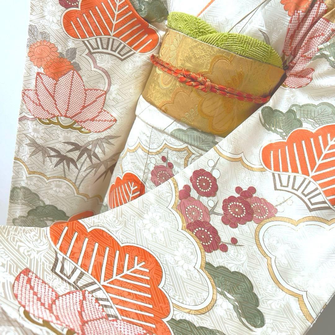 425 振袖フルセット 正絹 オフホワイト 白 金彩 駒刺繍 松竹梅 レトロ
