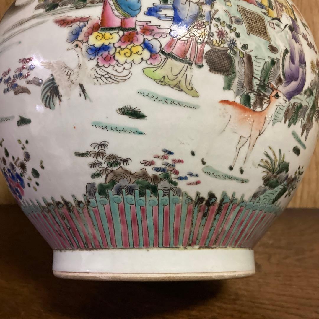 中国　色絵　瓶　天球瓶　鳳凰鶴桃果人物図　大清康熙年製銘