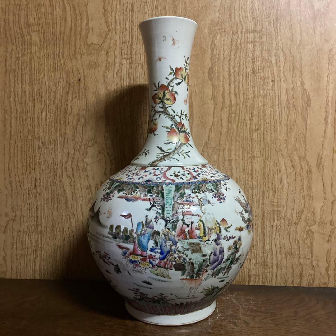 中国　色絵　瓶　天球瓶　鳳凰鶴桃果人物図　大清康熙年製銘