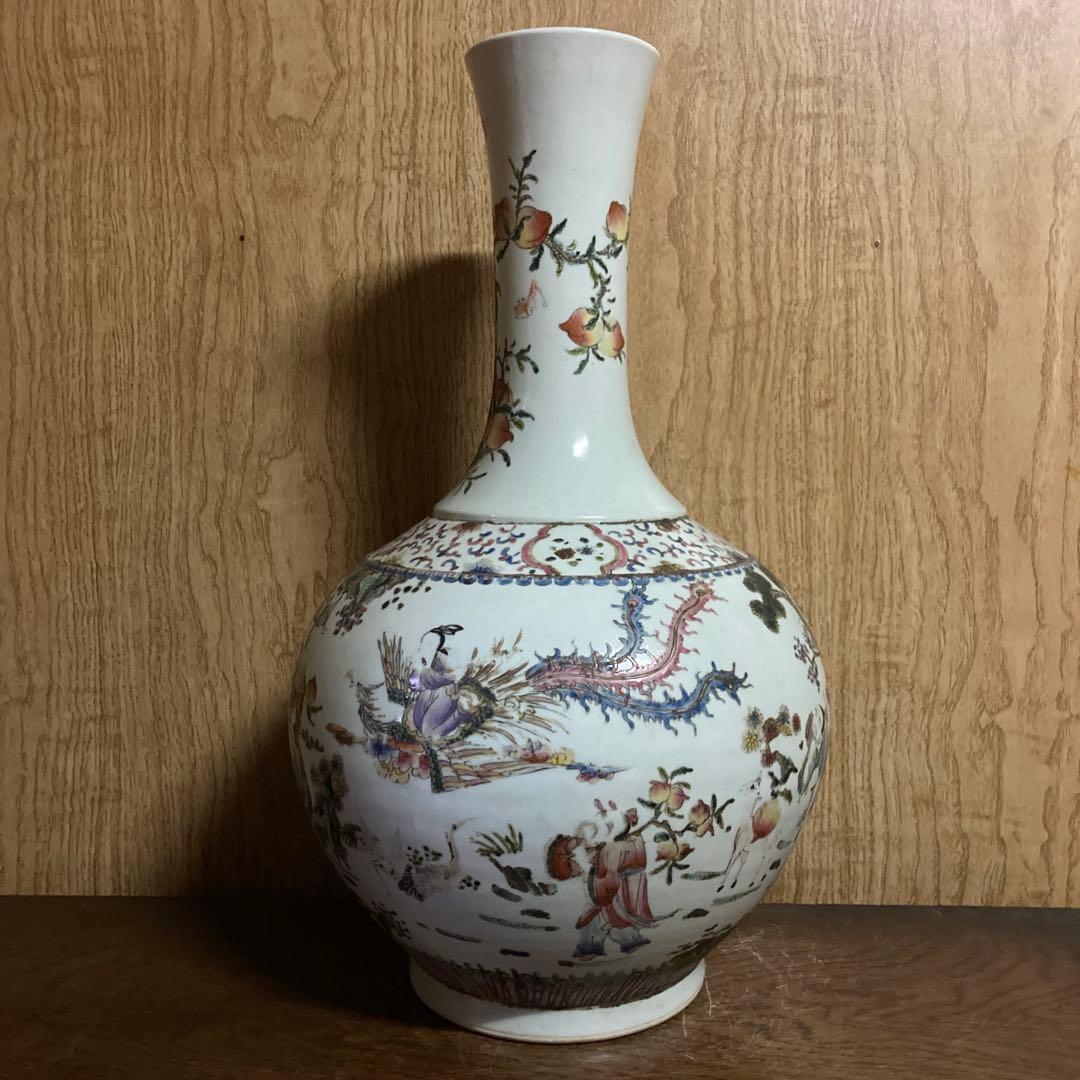中国　色絵　瓶　天球瓶　鳳凰鶴桃果人物図　大清康熙年製銘