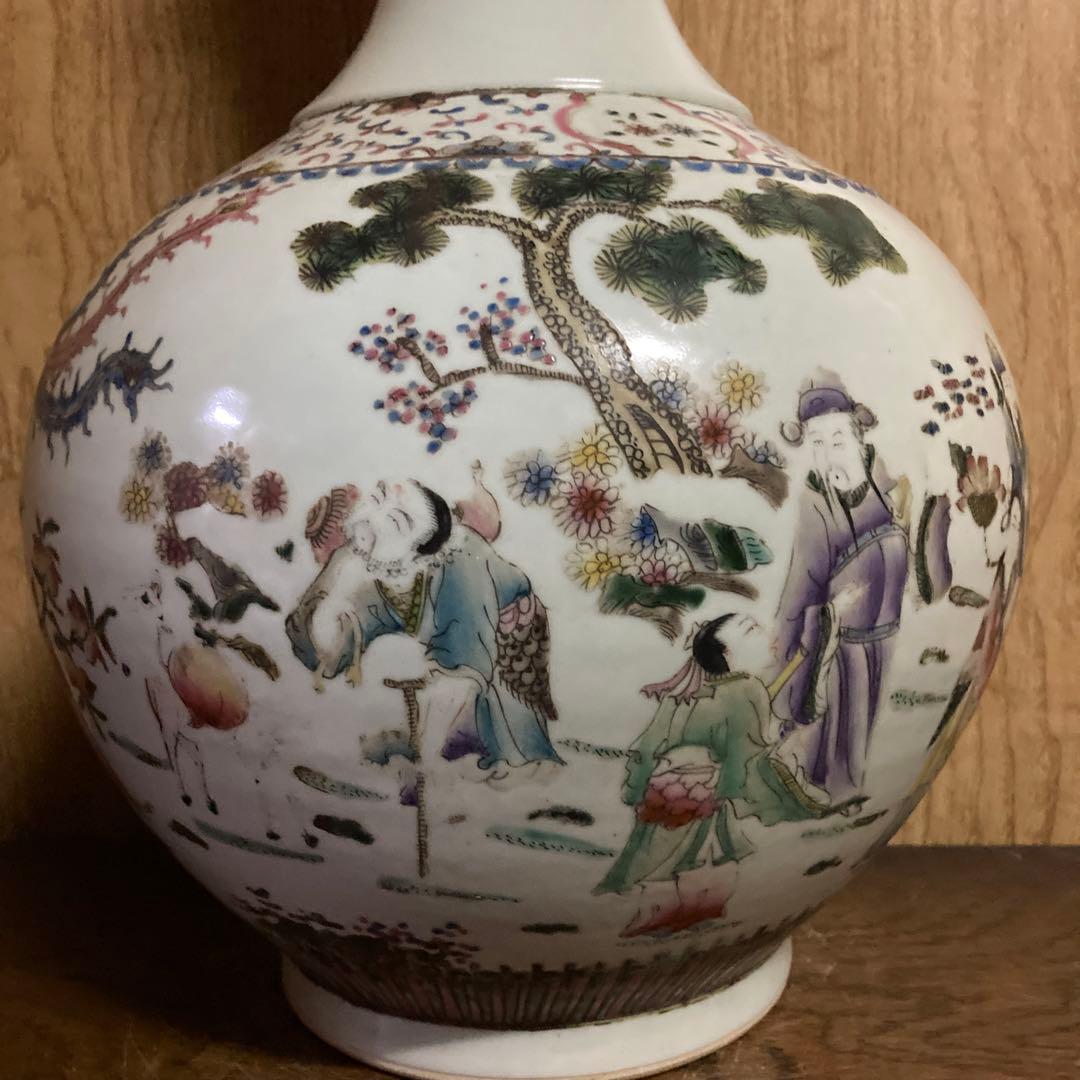 中国　色絵　瓶　天球瓶　鳳凰鶴桃果人物図　大清康熙年製銘