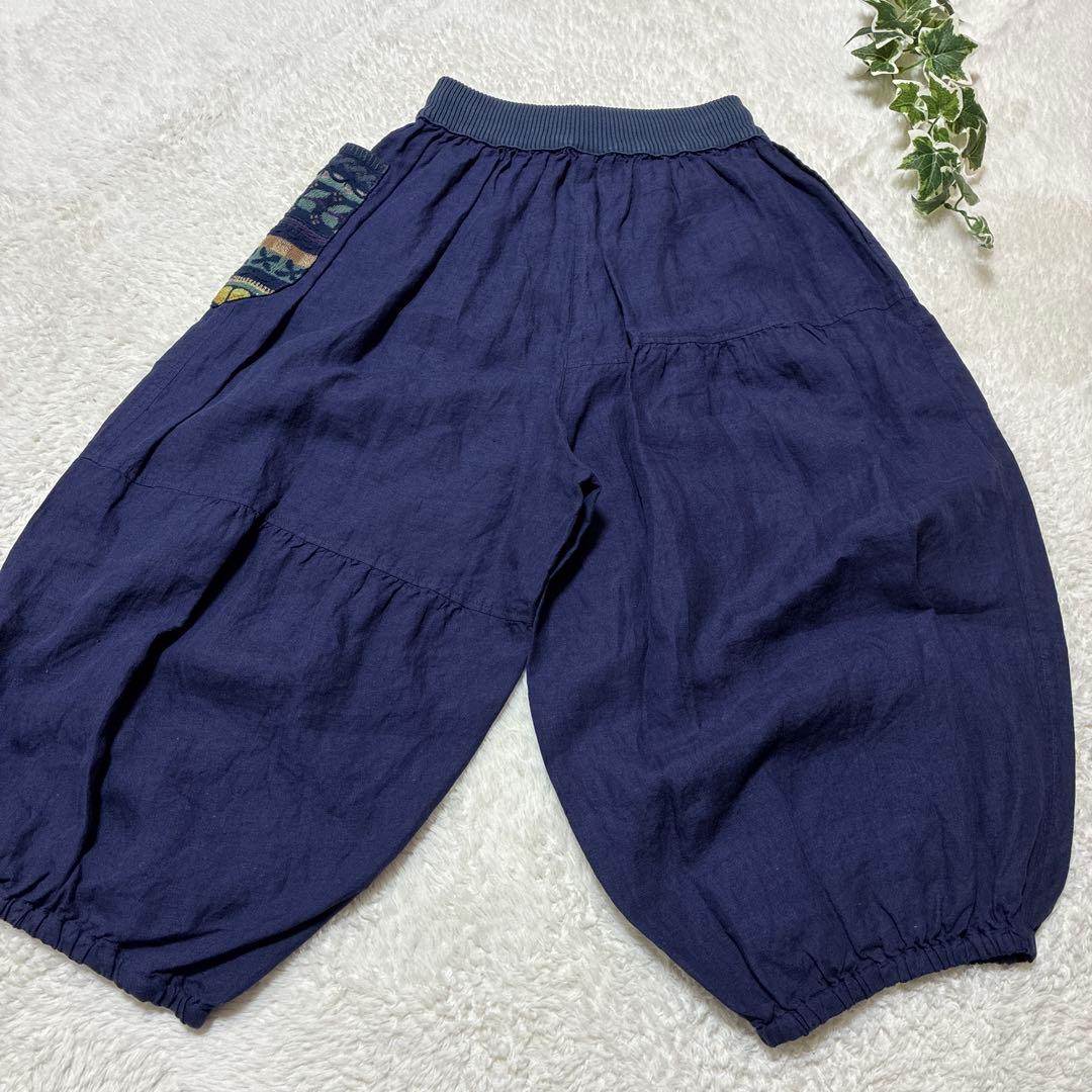 M.&KYOKO リネン　バルーン　サルエルパンツ　ニット柄ポケット　ゴム