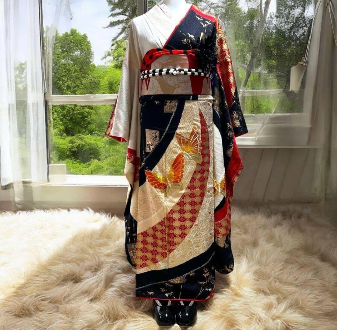 アンティーク振袖㊗️赤黒白 蝶の金駒刺繍 本絞り染め 型染④点セット