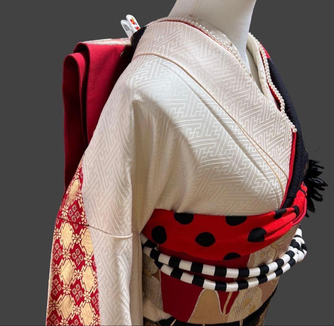 アンティーク振袖㊗️赤黒白 蝶の金駒刺繍 本絞り染め 型染④点セット