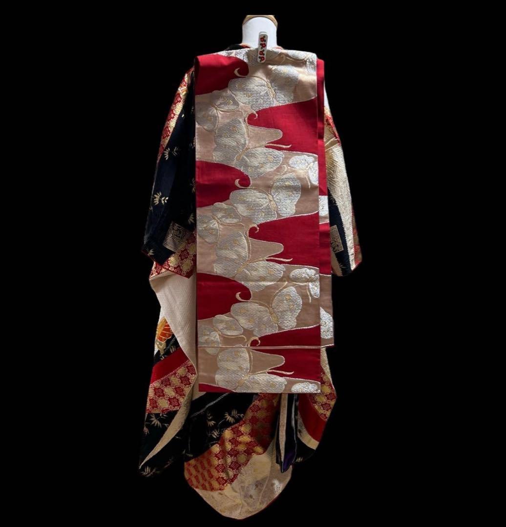 アンティーク振袖㊗️赤黒白 蝶の金駒刺繍 本絞り染め 型染④点セット