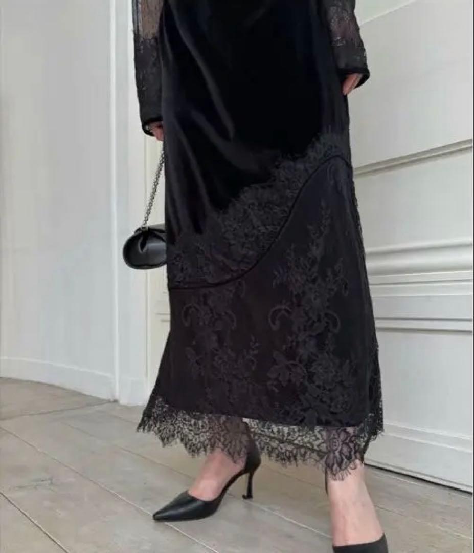 美品　dot tulle panel lace velour OP ブラック