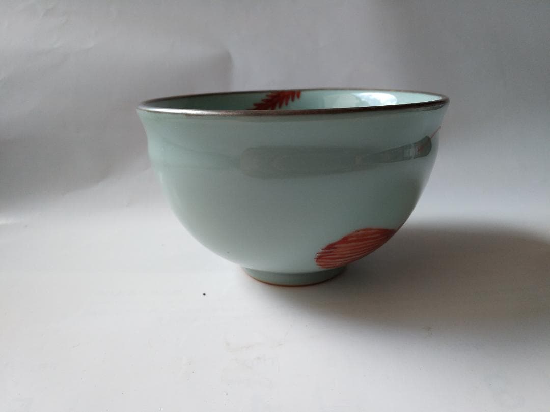 二代 手塚玉堂 青瓷 海老乃絵 茶碗 共箱 共布 栞 茶道具 抹茶碗 新品