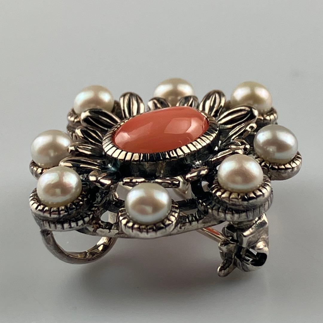 碌山 ロクザン サンゴ コーラルペンダントトップ/ブローチ パール Ag925