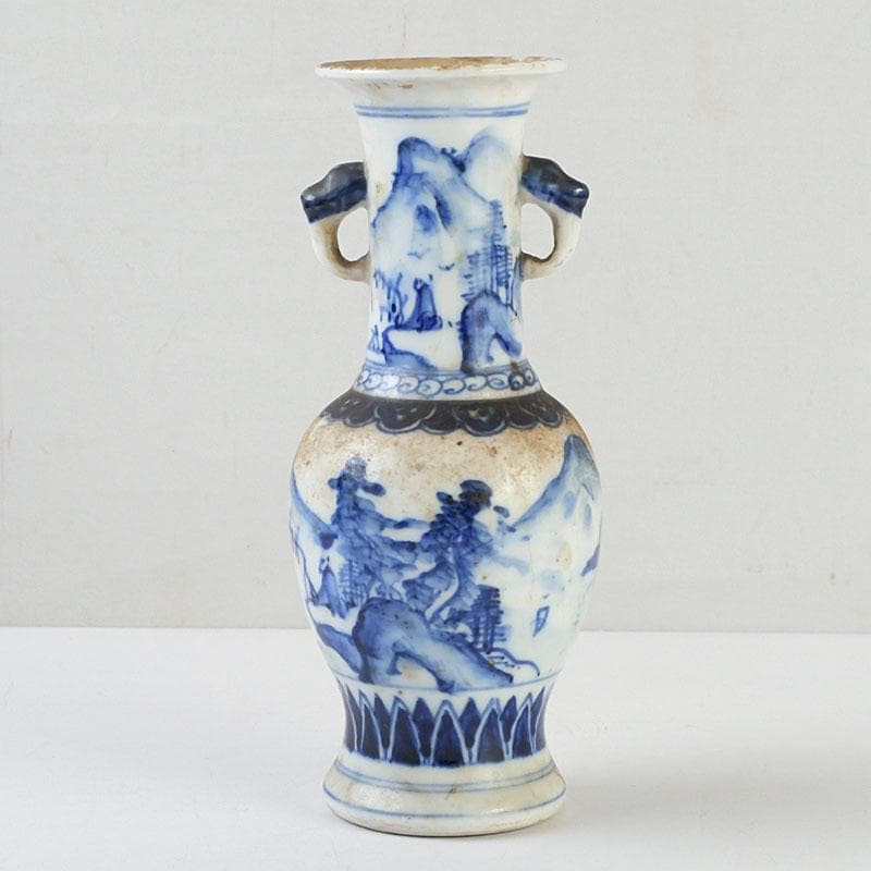 高橋道八 (華中亭道八) 作　染付　山水人物文　双耳瓶　花瓶　C　9387