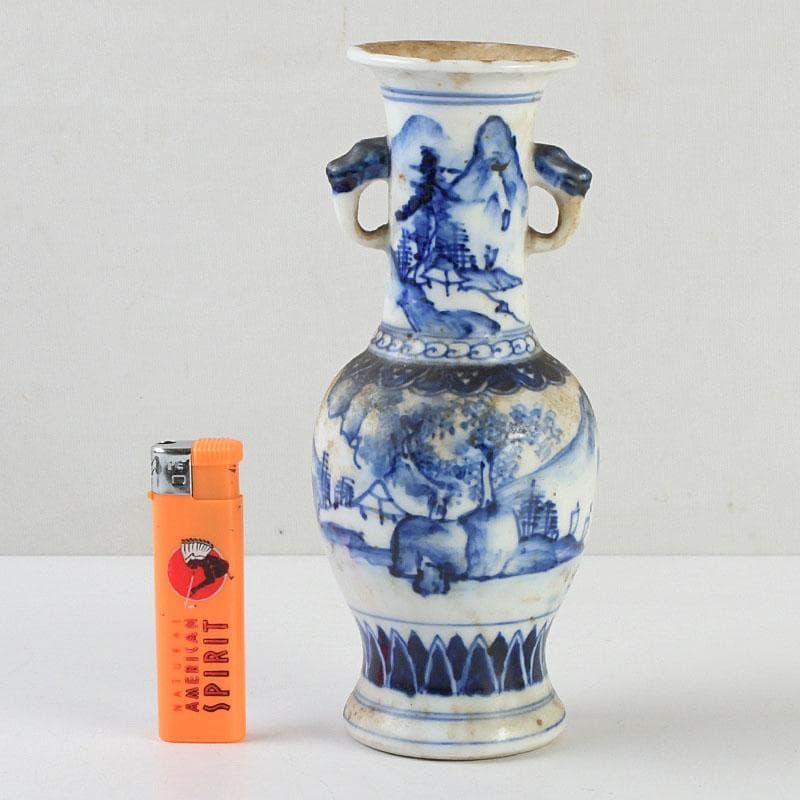 高橋道八 (華中亭道八) 作　染付　山水人物文　双耳瓶　花瓶　C　9387